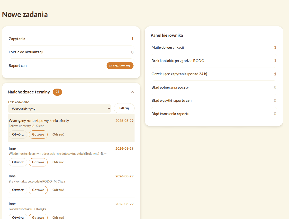 Panel systemu Ombri z kolejką zadań biura sprzedaży